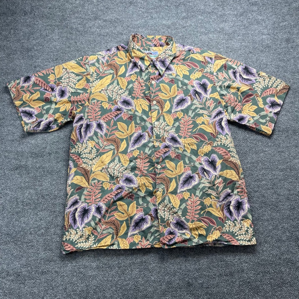 Reyn Spooner Hawaiian Traditionals Mens Large Cotton Tropical Floral Shirt Green
